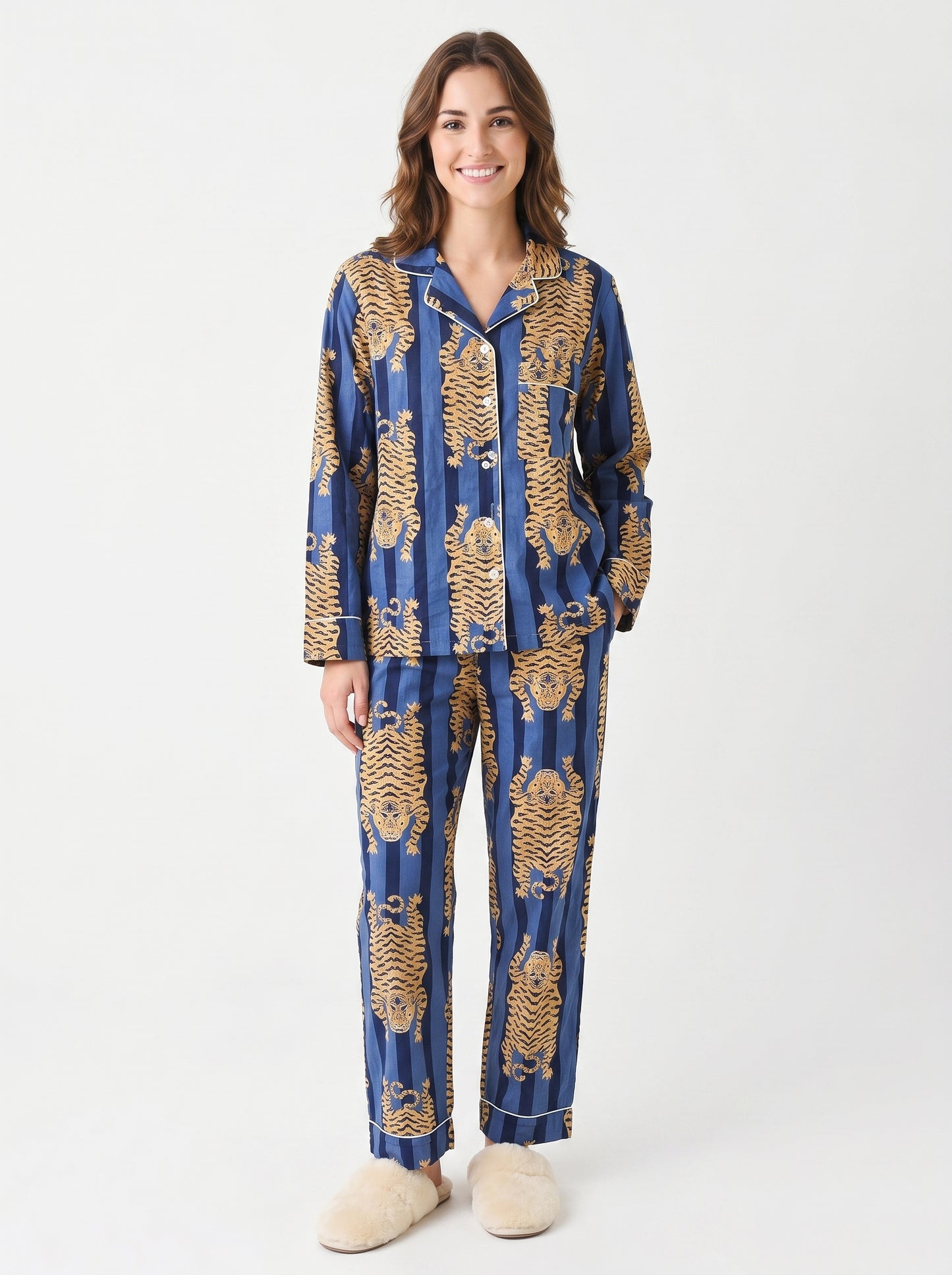 Women’s Blue Tibetan TigerPrint Cotton Night Suit Set – Elegant Two Piece Pajama Set