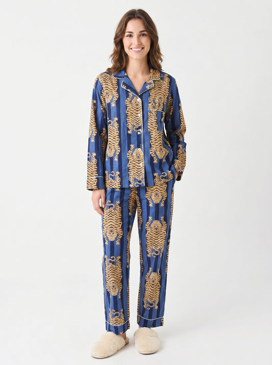 Women’s Blue Tibetan TigerPrint Cotton Night Suit Set – Elegant Two Piece Pajama Set