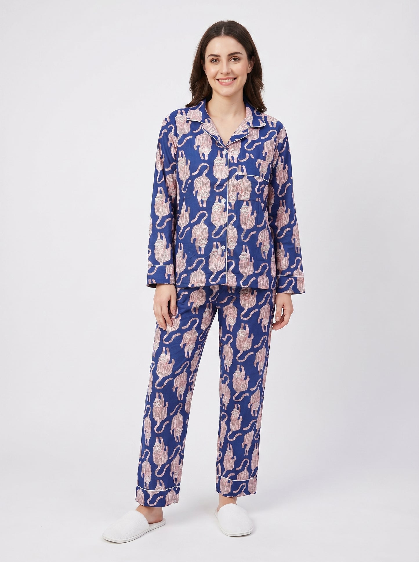 Women's Midnight Blue Tiger Print Cotton Night Suit Set – Elegant Two Piece Pajama Set