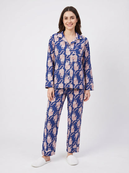 Women's Midnight Blue Tiger Print Cotton Night Suit Set – Elegant Two Piece Pajama Set