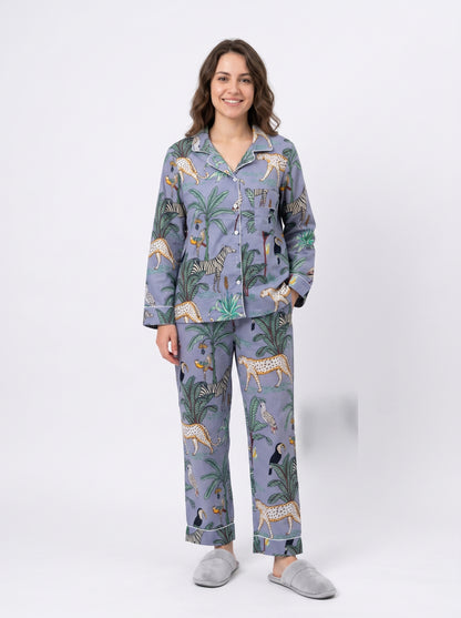 Women's Grey Safari Print Cotton Night Suit Set – Elegant Two Piece Pajama Set