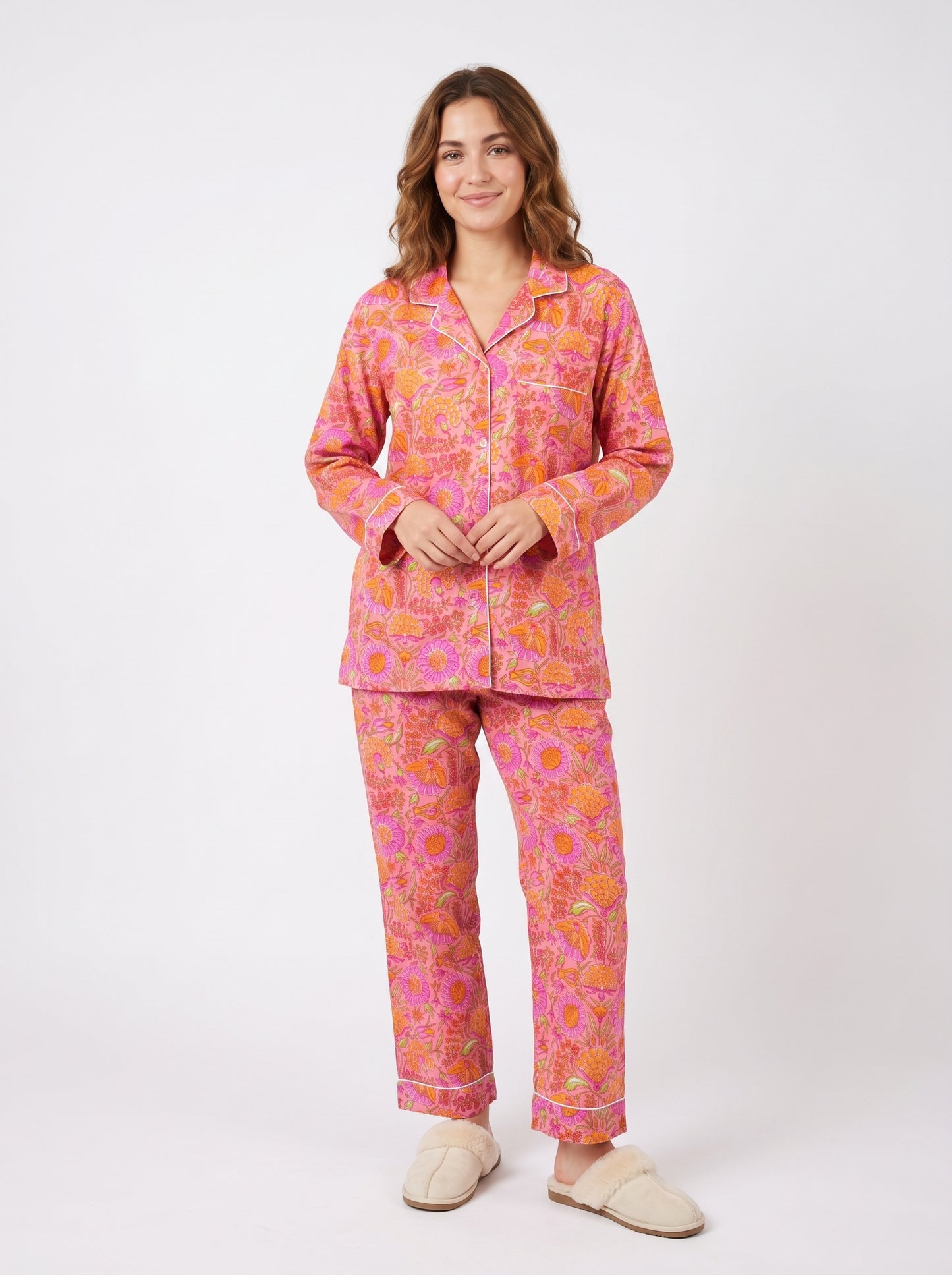 Women’s Pink Garden Dreams Print Cotton Night Suit Set – Elegant Two Piece Pajama Set
