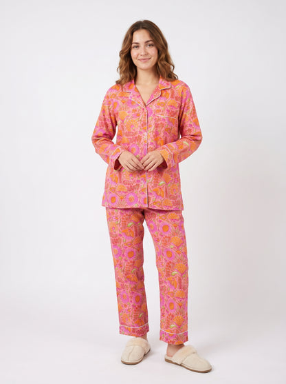 Women’s Pink Garden Dreams Print Cotton Night Suit Set – Elegant Two Piece Pajama Set