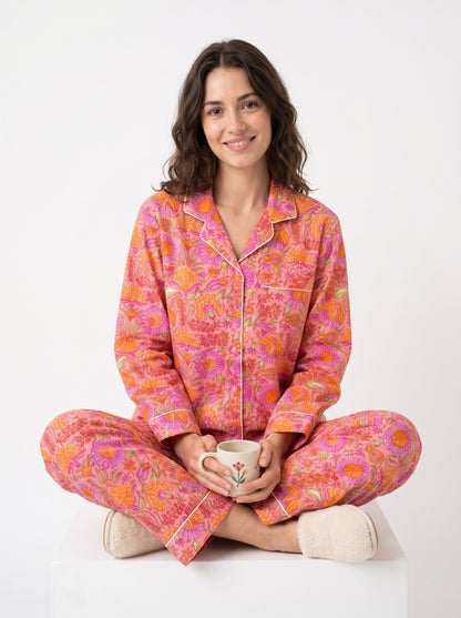 Women’s Pink Garden Dreams Print Cotton Night Suit Set – Elegant Two Piece Pajama Set