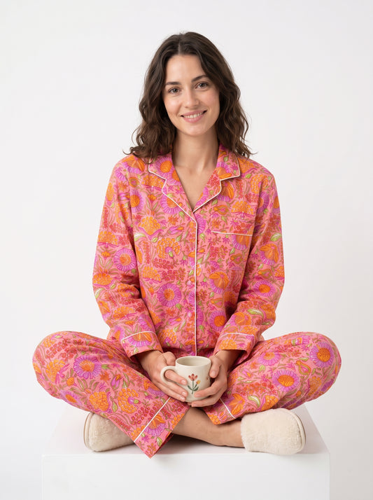 Women’s Pink Garden Dreams Print Cotton Night Suit Set – Elegant Two Piece Pajama Set