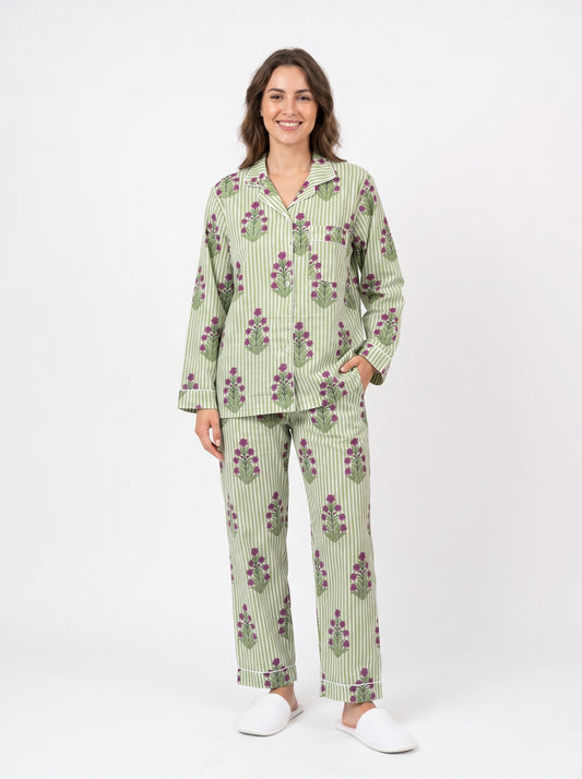 Women’s Green Floral Print Cotton Night Suit Set – Elegant Two Piece Pajama Set
