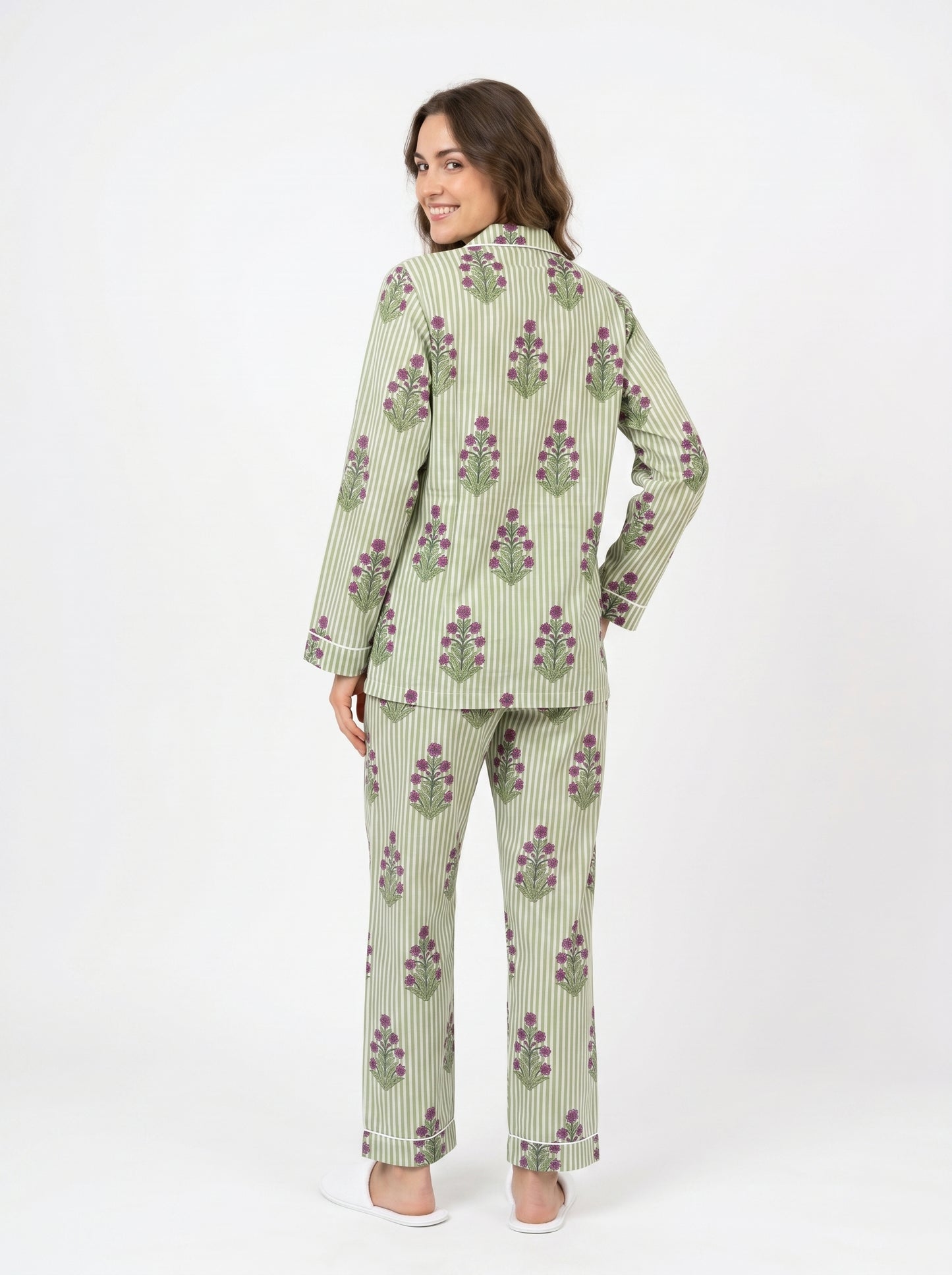 Women’s Green Floral Print Cotton Night Suit Set – Elegant Two Piece Pajama Set