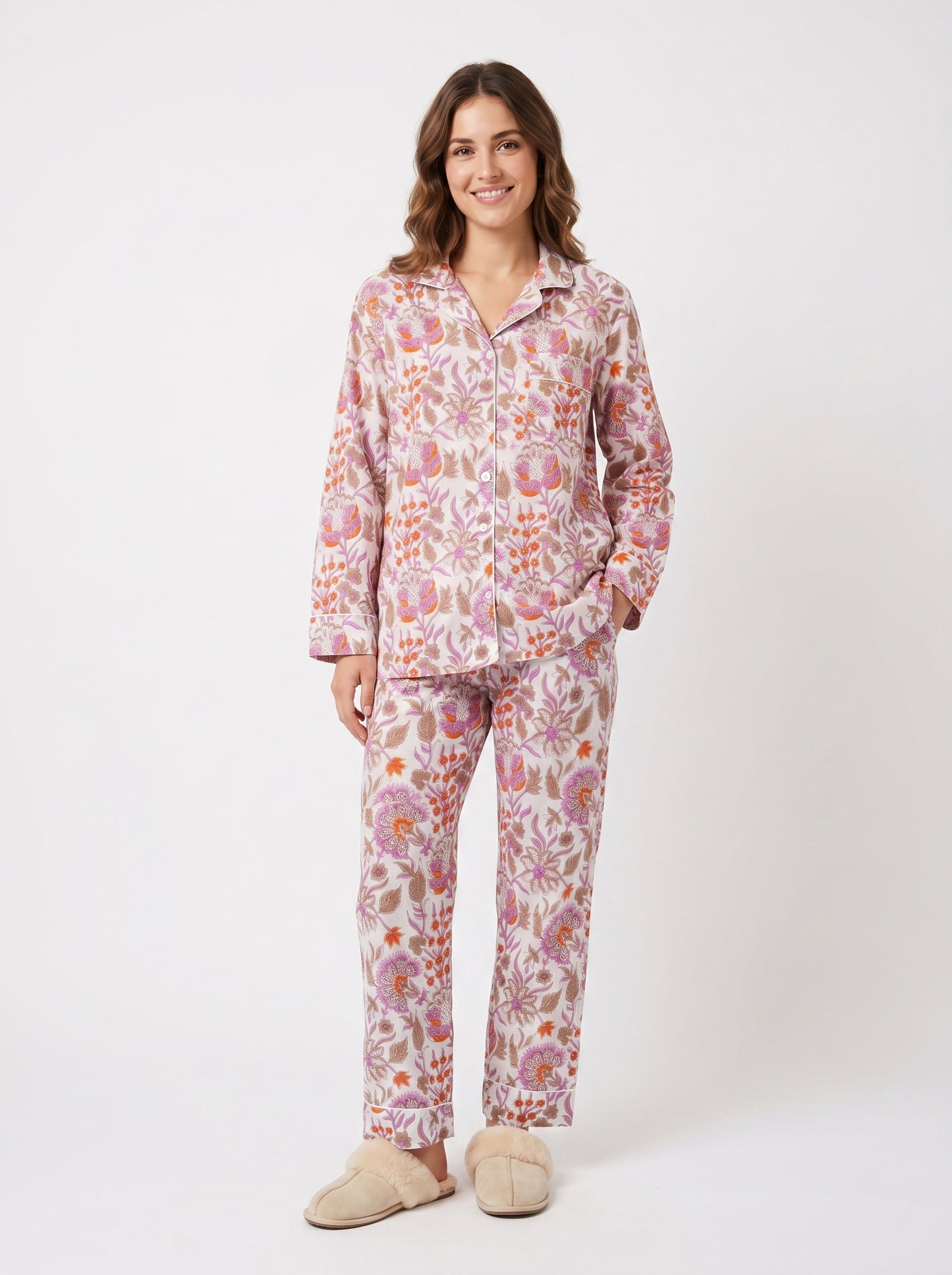 Women’s White Floral Blossom Cotton Night Suit Set – Elegant Two Piece Pajama Set