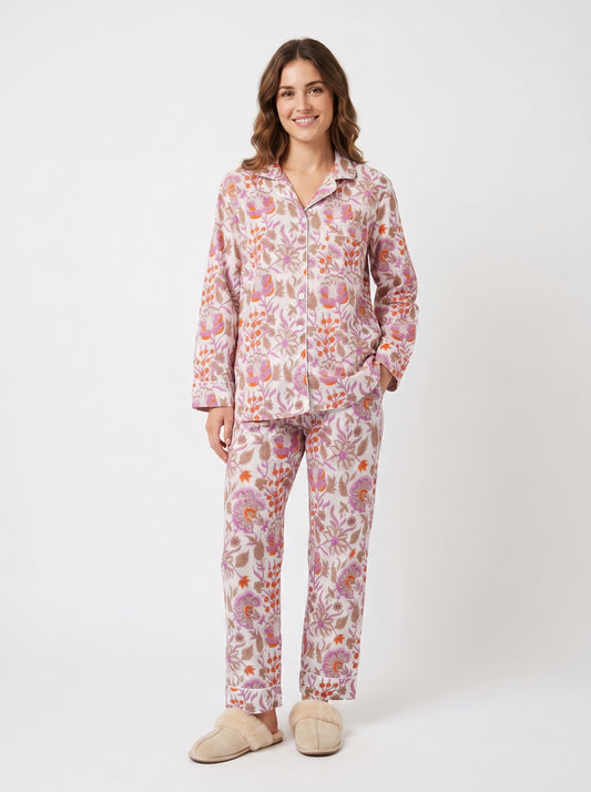 Women’s White Floral Blossom Cotton Night Suit Set – Elegant Two Piece Pajama Set