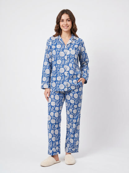 Women’s Bloom in Blue Print Cotton Night Suit Set – Elegant Two Piece Pajama Set