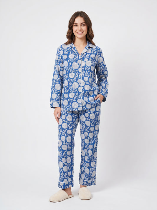 Women’s Bloom in Blue Print Cotton Night Suit Set – Elegant Two Piece Pajama Set