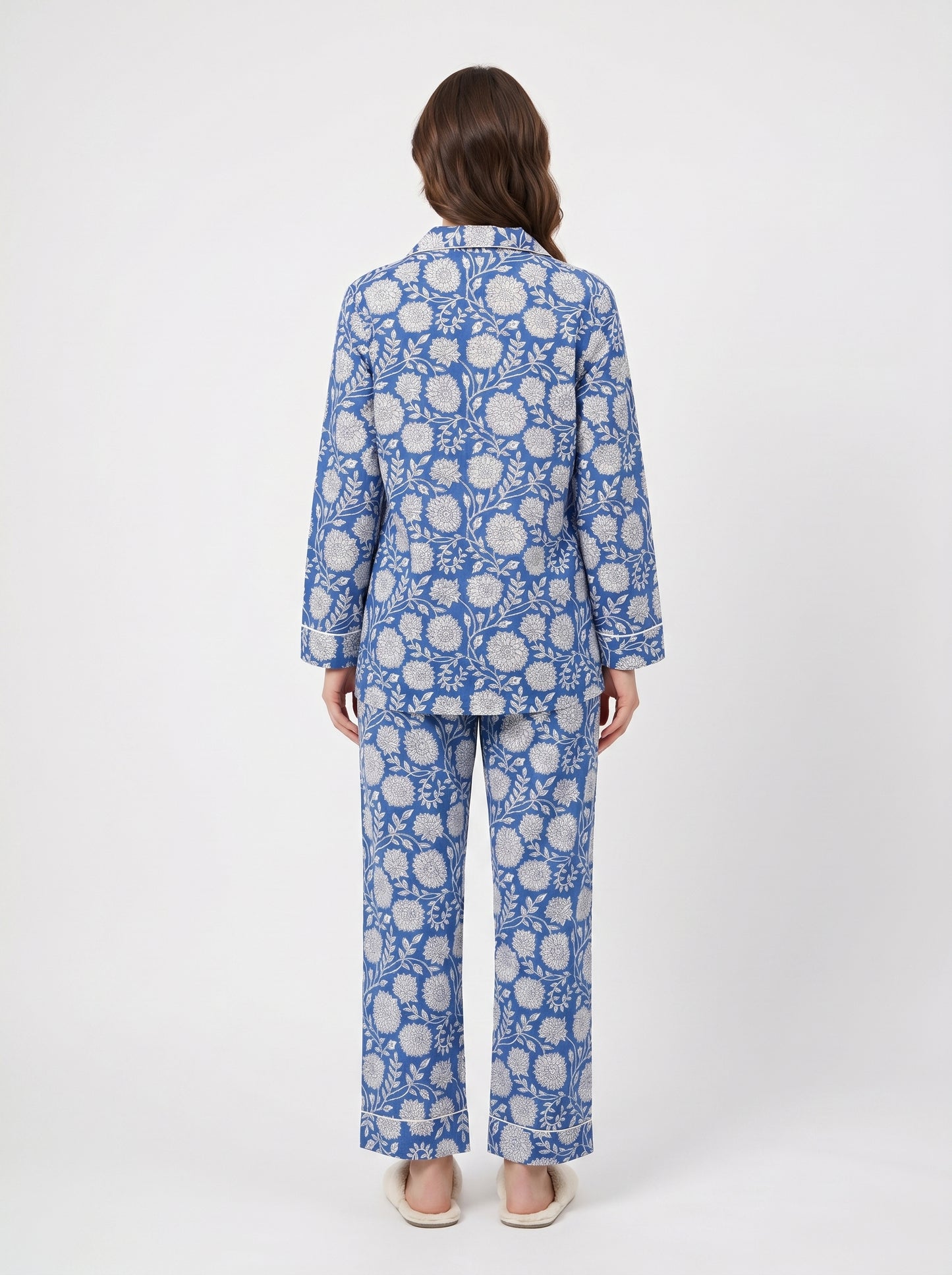 Women’s Bloom in Blue Print Cotton Night Suit Set – Elegant Two Piece Pajama Set