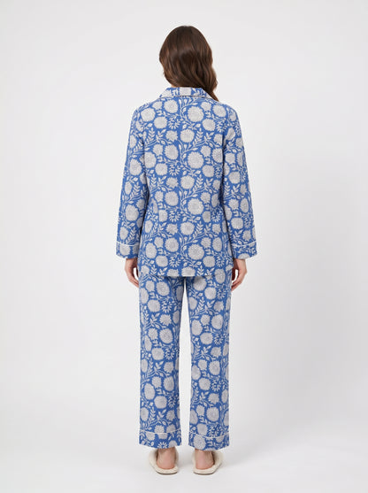 Women’s Bloom in Blue Print Cotton Night Suit Set – Elegant Two Piece Pajama Set
