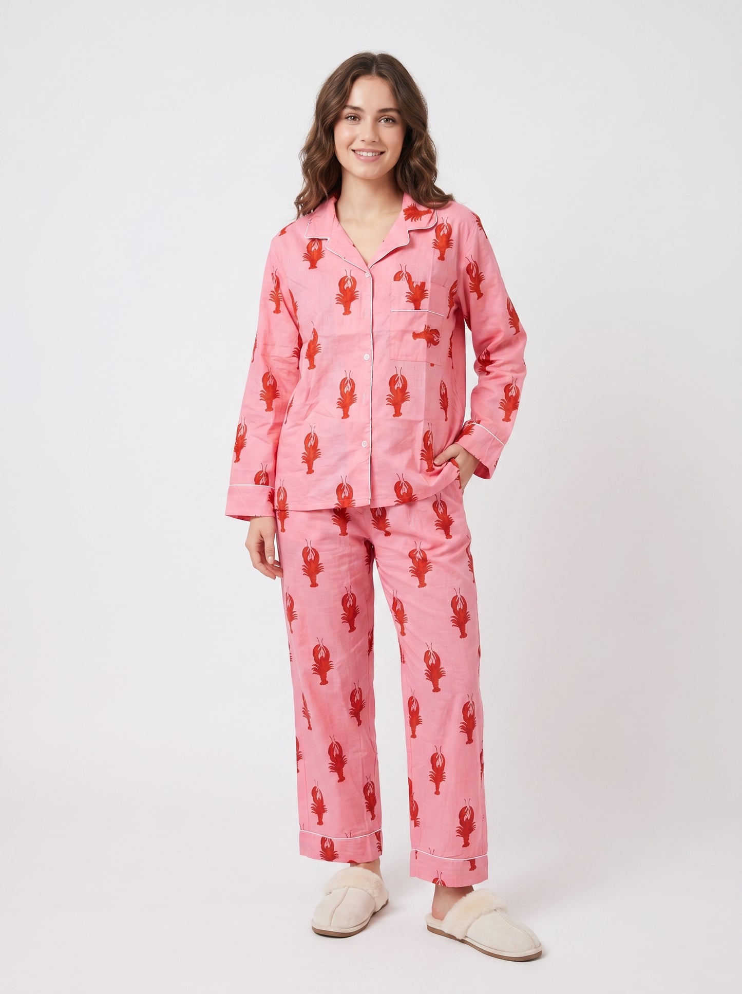 Women's Pink Lobster Love Cotton Night Suit Set – Elegant Two Piece Pajama Set