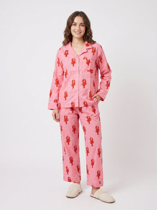 Women's Pink Lobster Love Cotton Night Suit Set – Elegant Two Piece Pajama Set