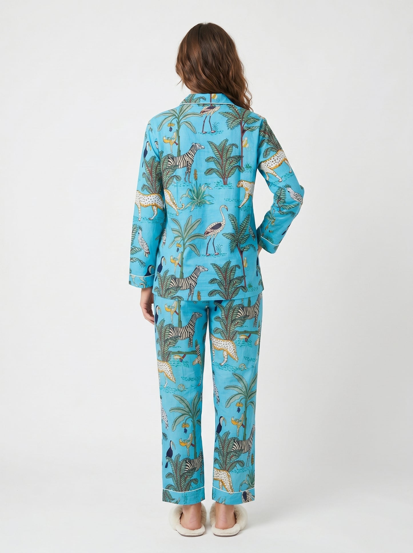 Women's Sky Blue Safari Print Cotton Night Suit Set – Elegant Two Piece Pajama Set