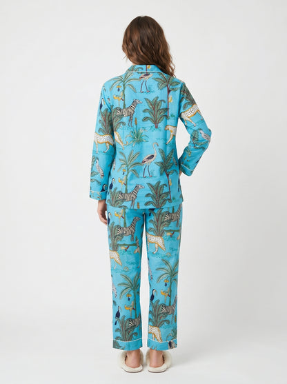 Women's Sky Blue Safari Print Cotton Night Suit Set – Elegant Two Piece Pajama Set