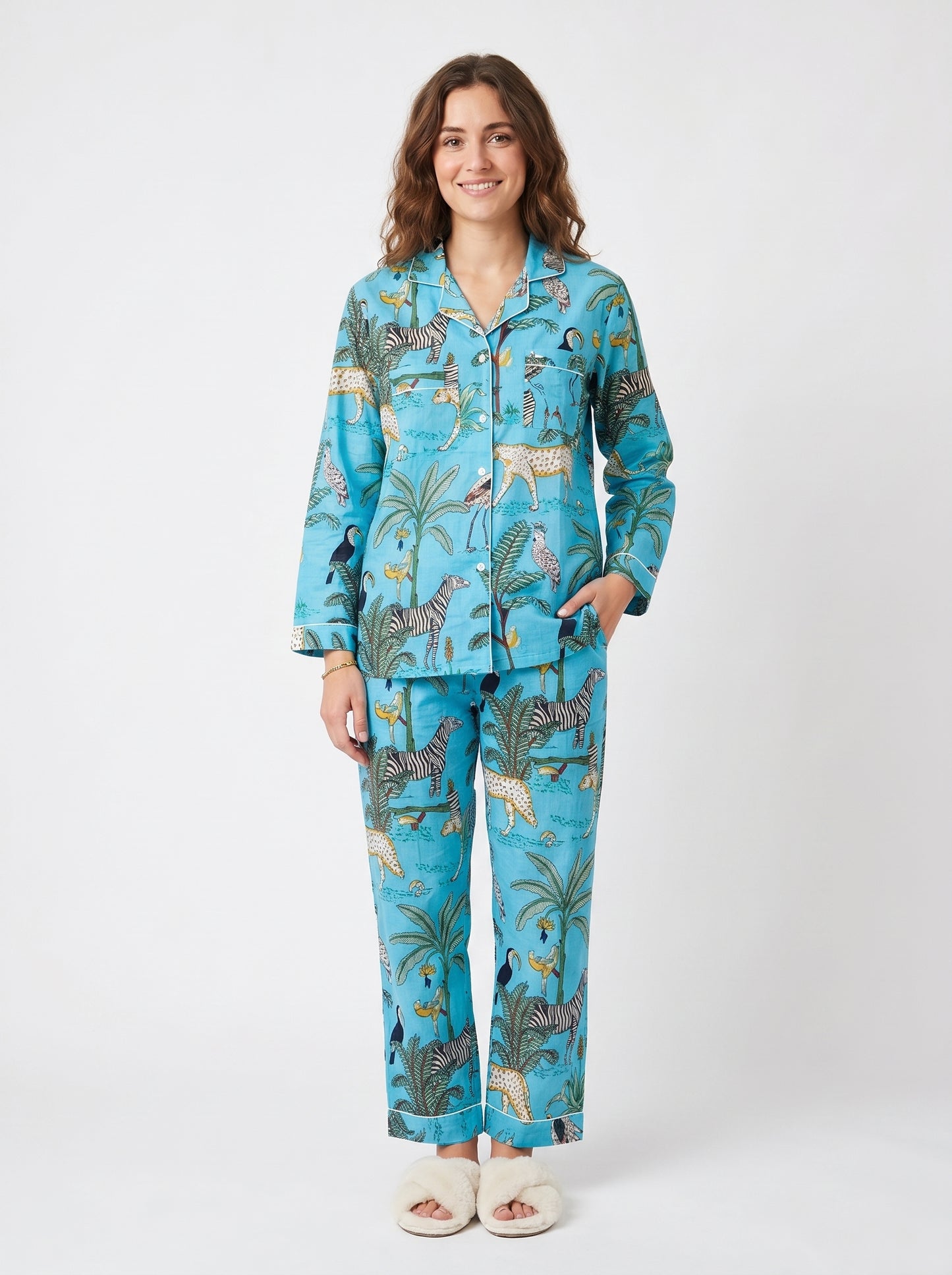Women's Sky Blue Safari Print Cotton Night Suit Set – Elegant Two Piece Pajama Set