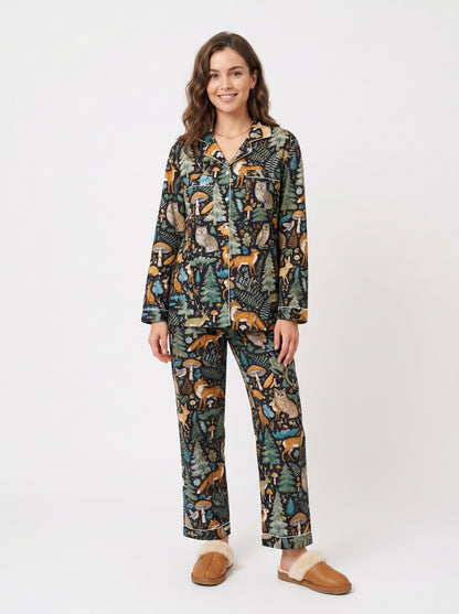 Women's Black Midnight Jungle Cotton Night Suit Set – Elegant Two Piece Pajama Set
