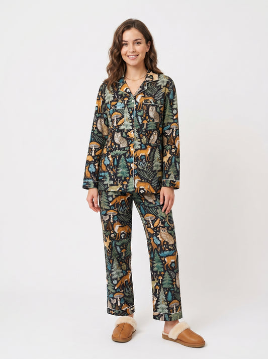 Women's Black Midnight Jungle Cotton Night Suit Set – Elegant Two Piece Pajama Set