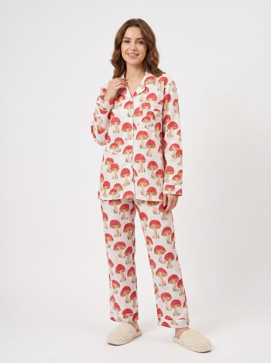 Women's Red Mushroom Print Cotton Night Suit Set – Cute Two Piece Pajama Set