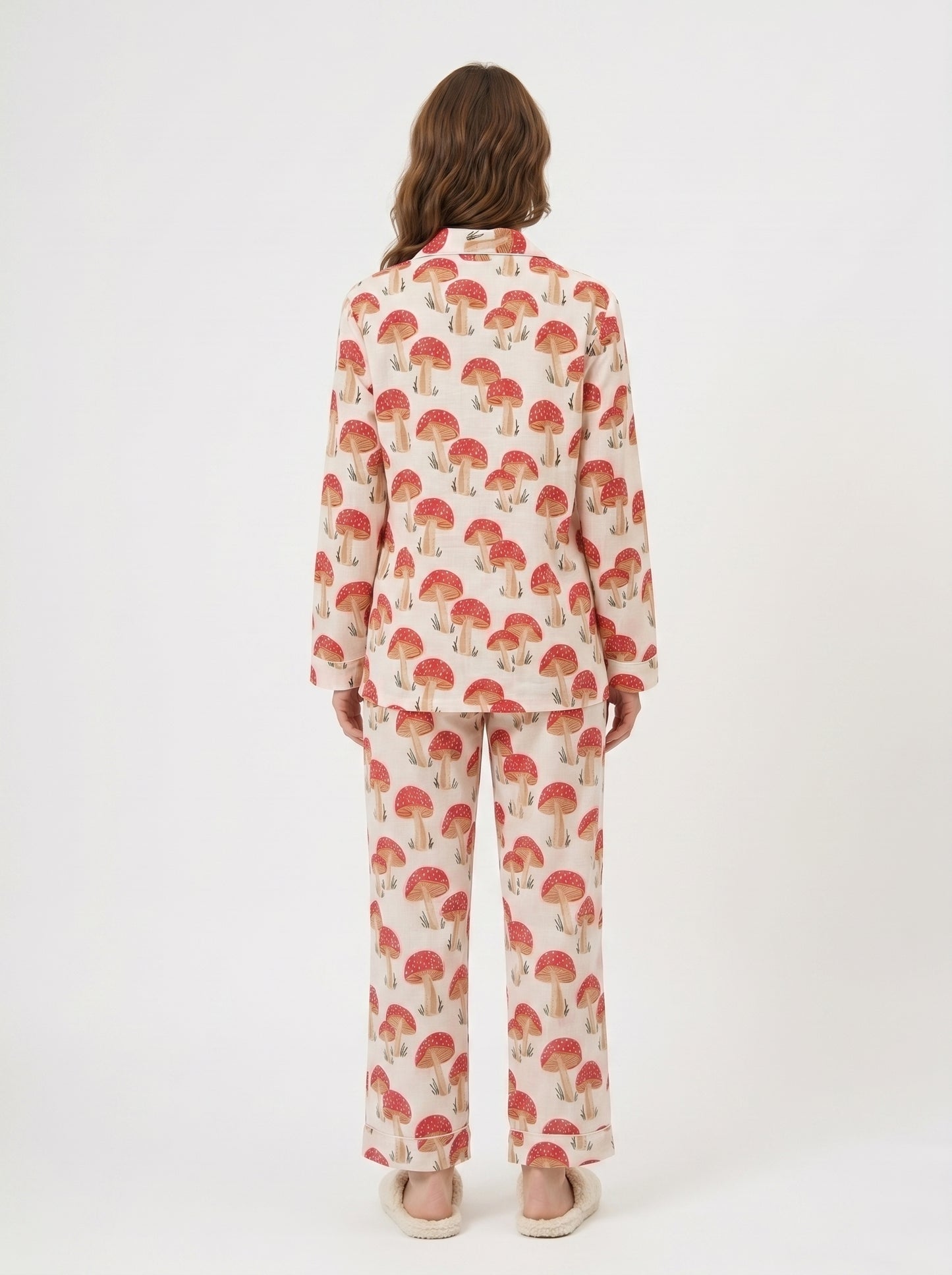 Women's Red Mushroom Print Cotton Night Suit Set – Cute Two Piece Pajama Set