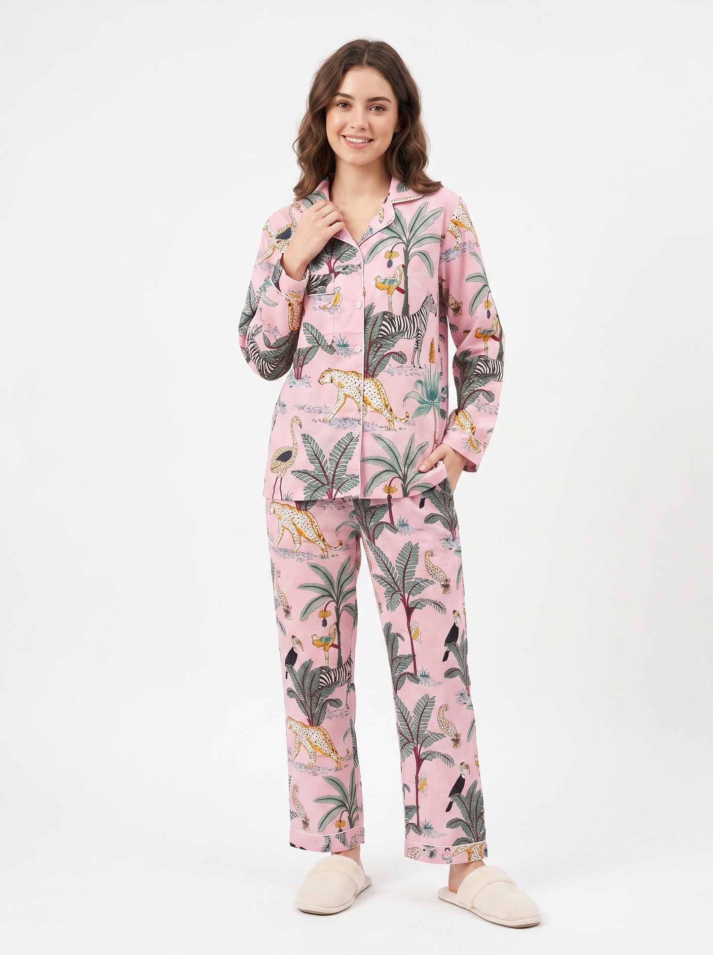Women's Blush Pink Safari Print Cotton Night Suit Set – Elegant Two Piece Pajama Set