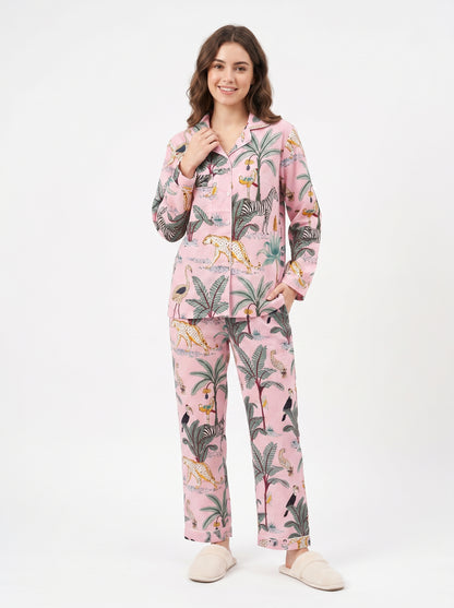 Women's Blush Pink Safari Print Cotton Night Suit Set – Elegant Two Piece Pajama Set