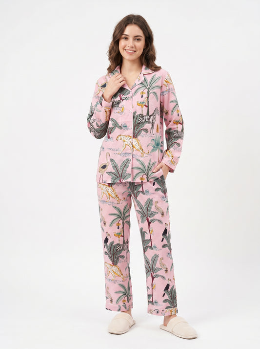 Women's Blush Pink Safari Print Cotton Night Suit Set – Elegant Two Piece Pajama Set