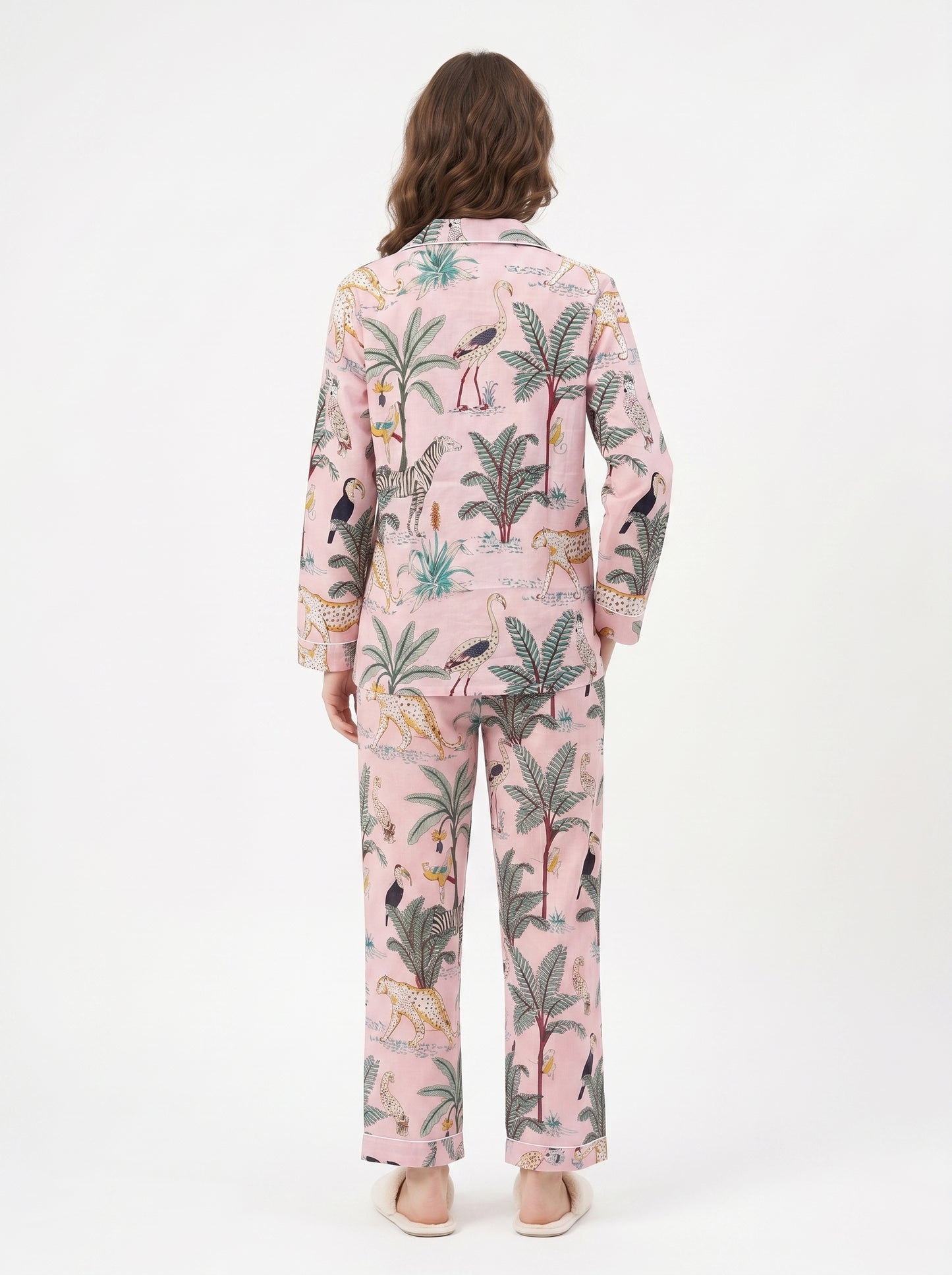 Women's Blush Pink Safari Print Cotton Night Suit Set – Elegant Two Piece Pajama Set
