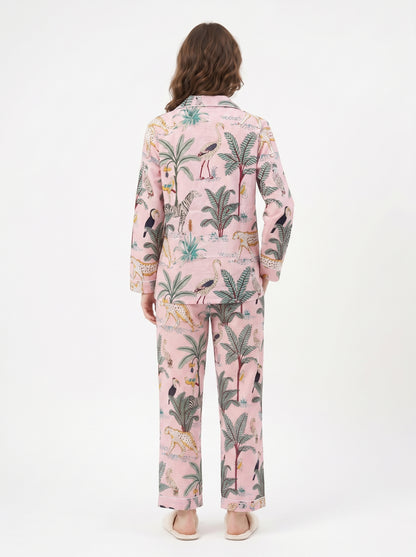 Women's Blush Pink Safari Print Cotton Night Suit Set – Elegant Two Piece Pajama Set