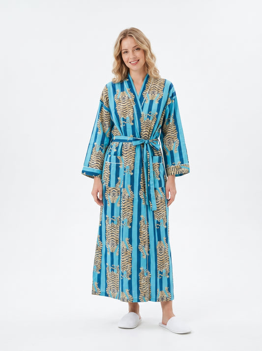 Tiger Blue Stripes – Women’s Cotton Tibetan Kimono
