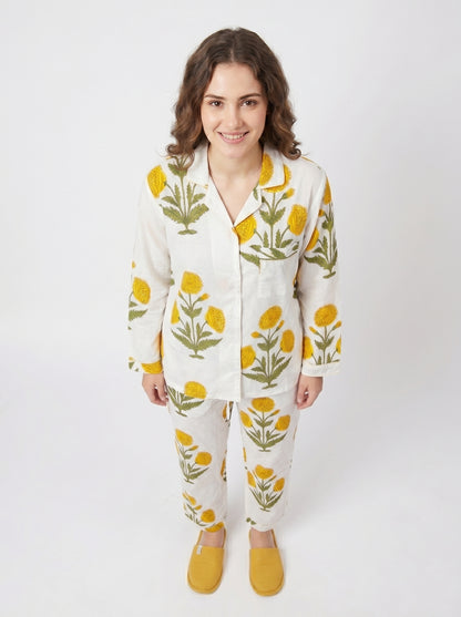 Women’s Yellow Bloom Delight Print Cotton Night Suit Set - Elegant Two Piece Pajama Set