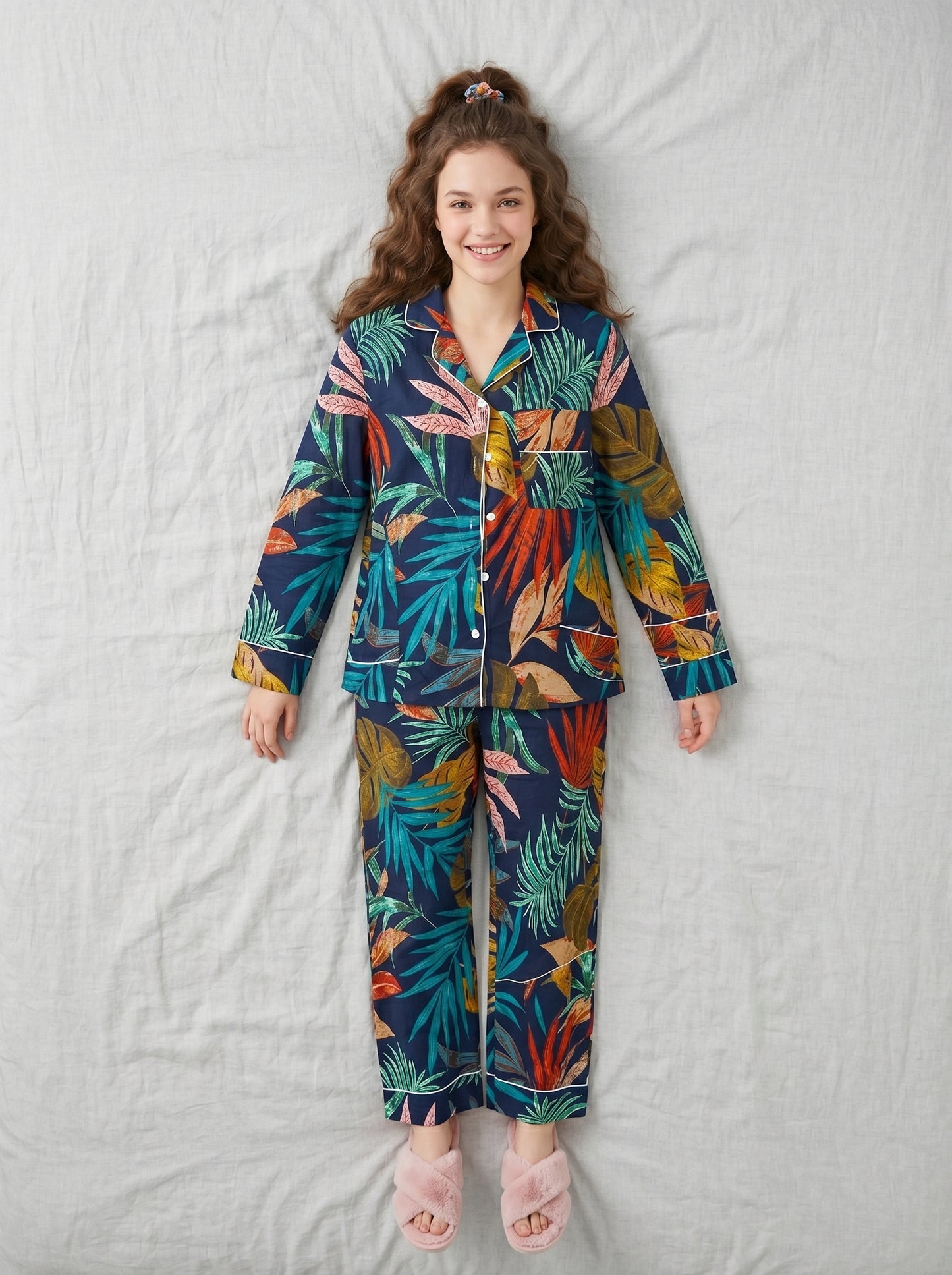 Women's Black Tropical Cotton Night Suit Set – Elegant Two Piece Pajama Set
