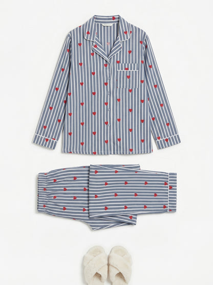 Women’s Grey Hearts Cotton Night Suit Set – Elegant Two Piece Pajama Set