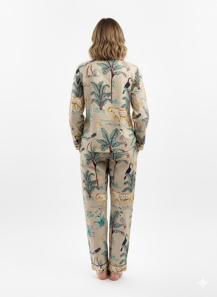 Soft Pastel Pink Tropical Block Print Pyjama Set | 100% Premium Cotton